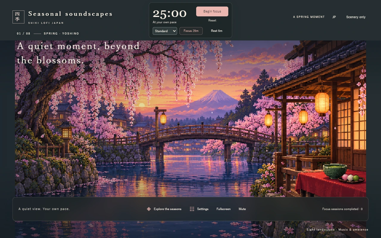 SHIKI spring scene with its focus timer and controls